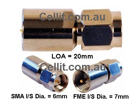 FME male TO SMA male ADAPTOR. Ideal for some Telstra modems